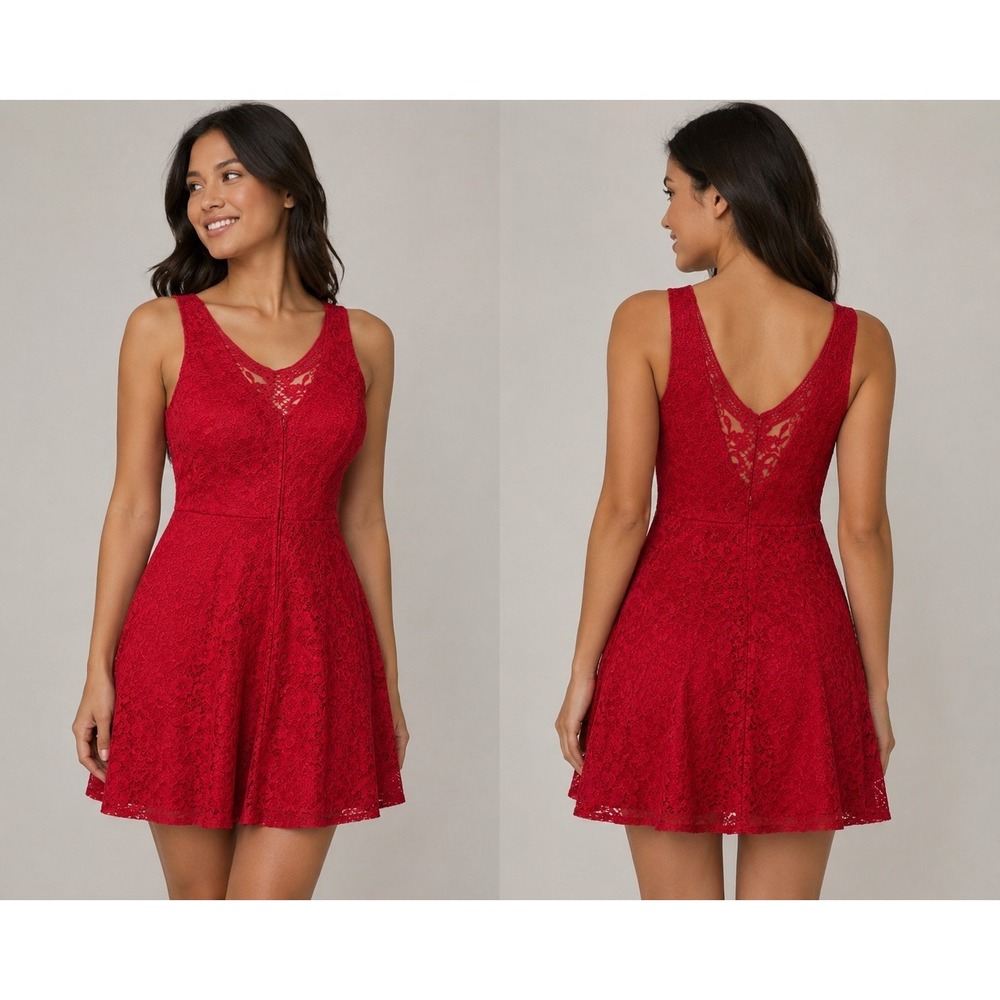 by&by Red Floral Lace Fit & Flare Sleeveless Dress Women's Size 7 Knee Length